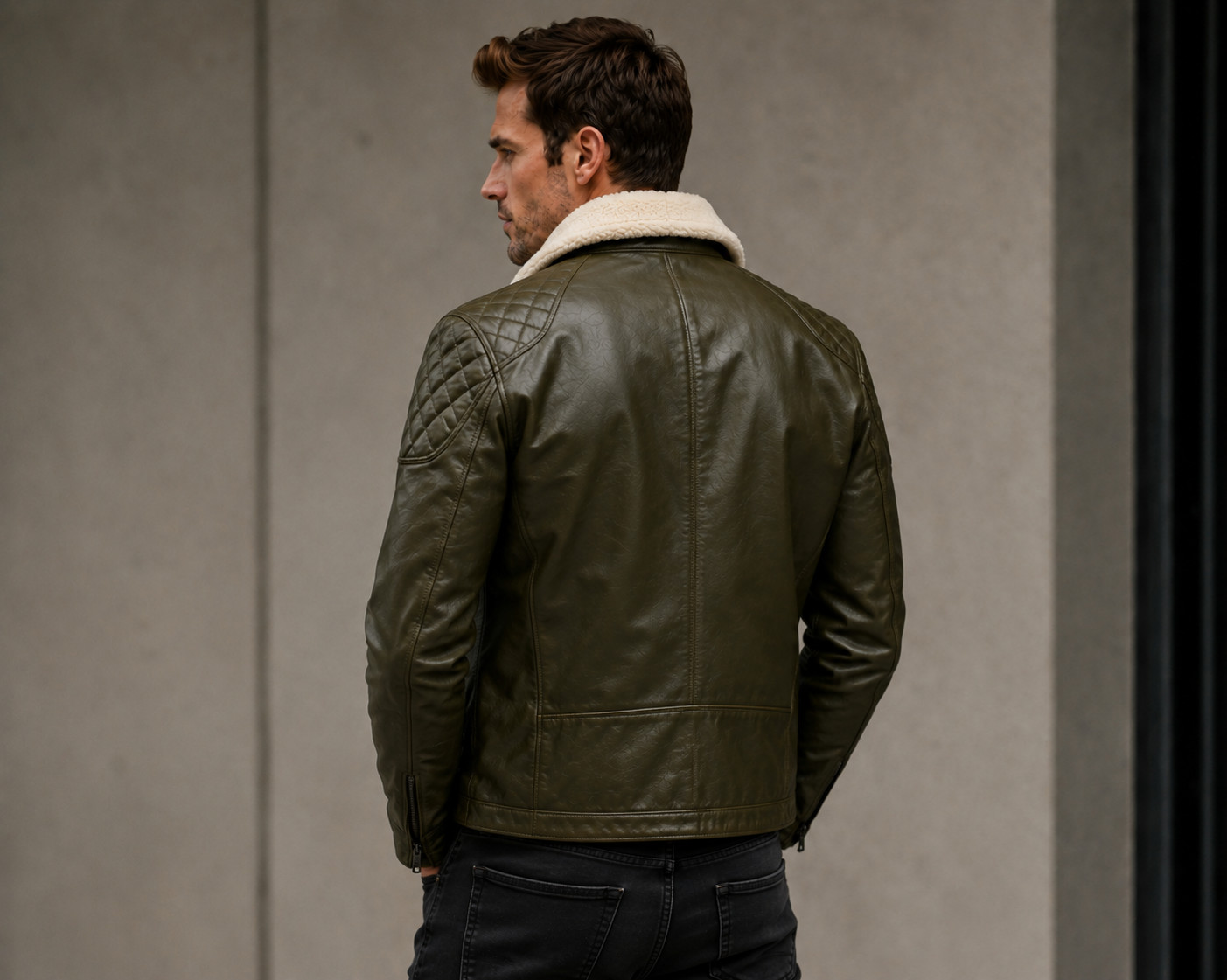 Men’s Green Leather Jacket – Faux Shearling Collar – Quilted Biker – Bomber Zip