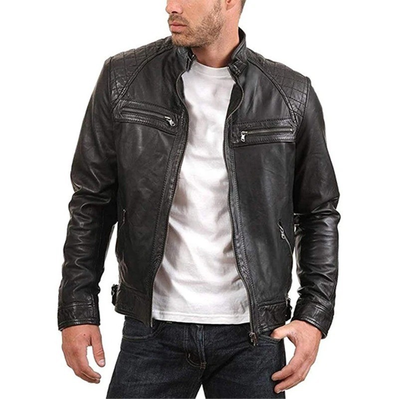 Cafe Racer Biker Leather Jacket Black & Brown Soft Sheep Skin Leather