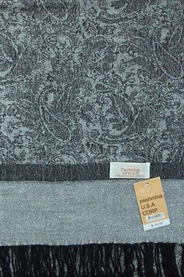 DG Women’s Pashmina Scarf Shawl Wrap Paisley Black Silver 30%Silk 70shmere