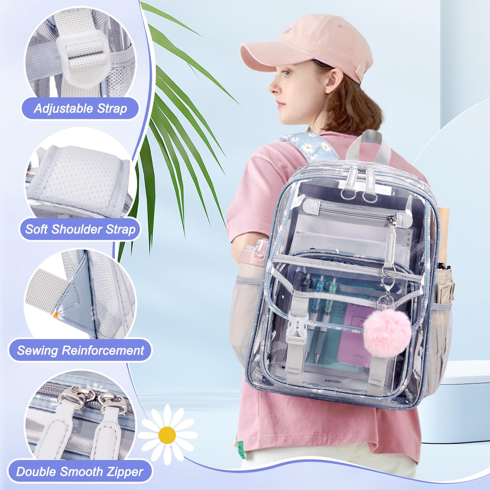 Girls Clear Backpack 11.8in X 5.9in X 16.2in with Lunch Bag – Heavy Duty