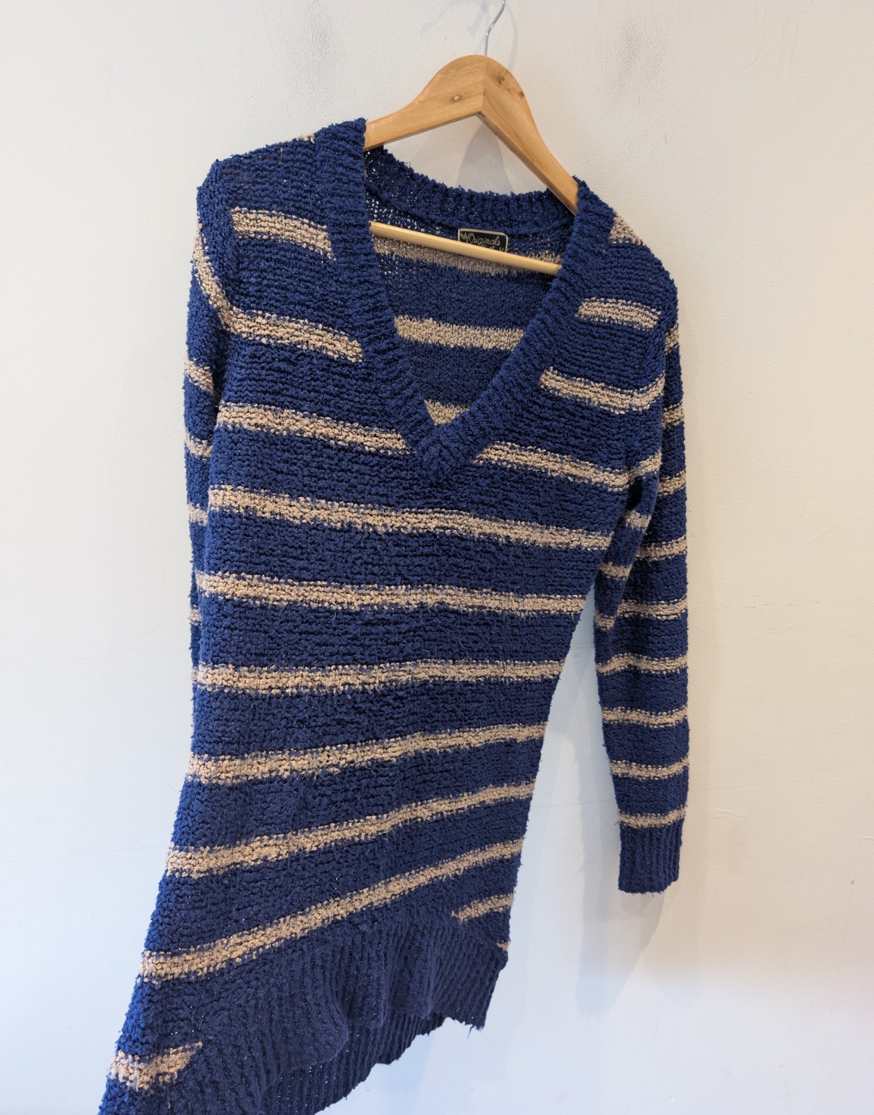 Originals Blue Beige Striped Chunky Knit Longline Jumper Womens Size M V Neck GC