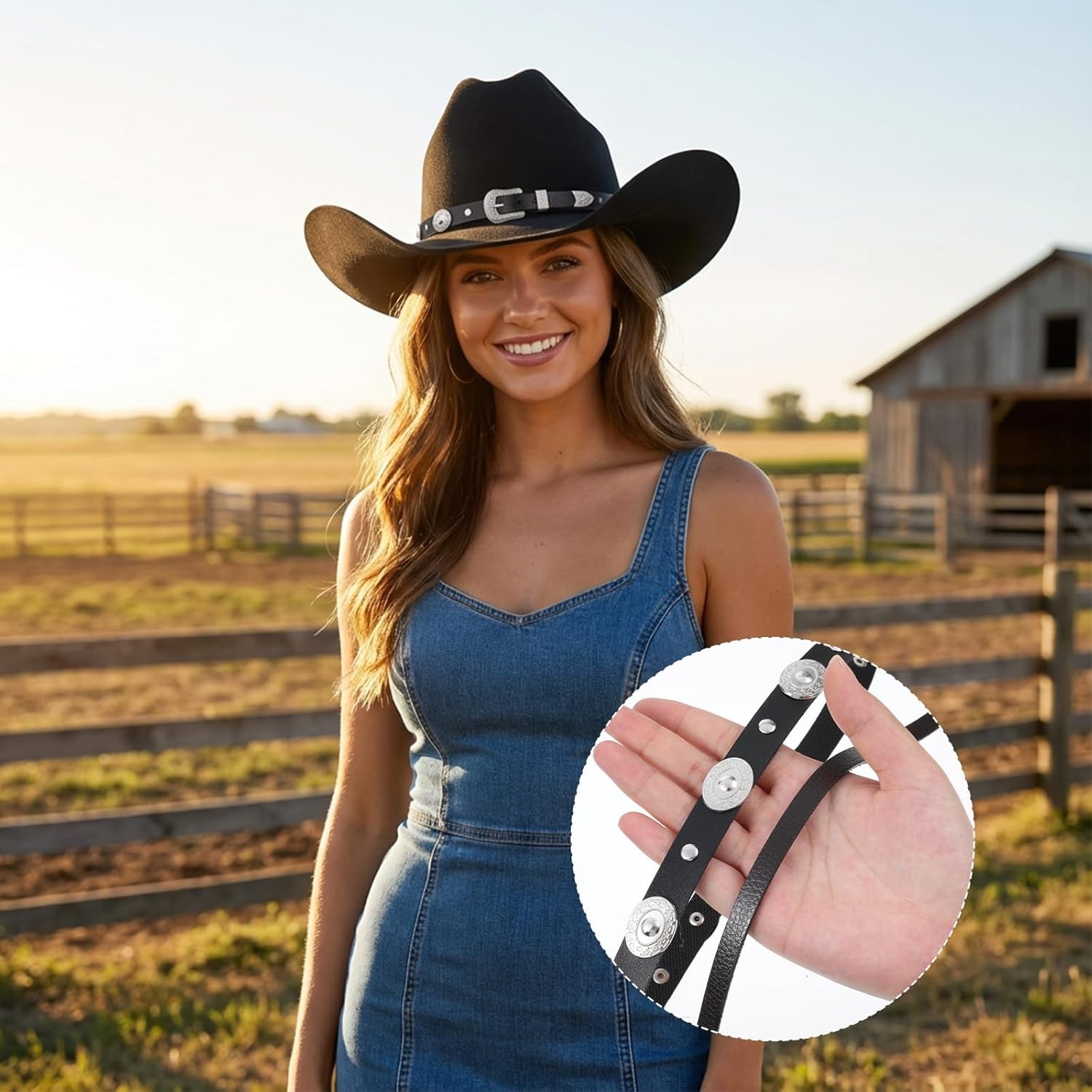 2PCS Black Cowboy Hat Bands for Men, Adjustable Western Hat Bands for Cowboy Hat