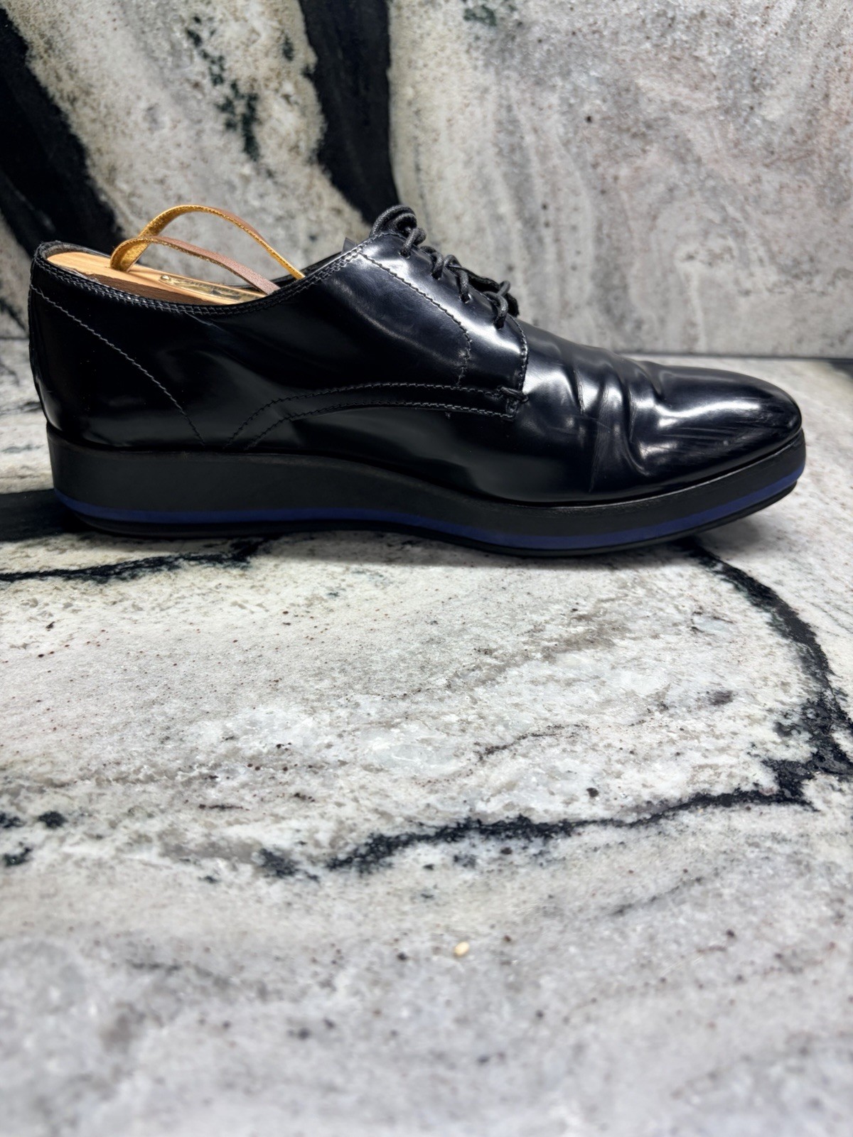 Prada Black Leather Derby Shoes Blue Rubber Sole Women’s EU 37 US 7 Italy