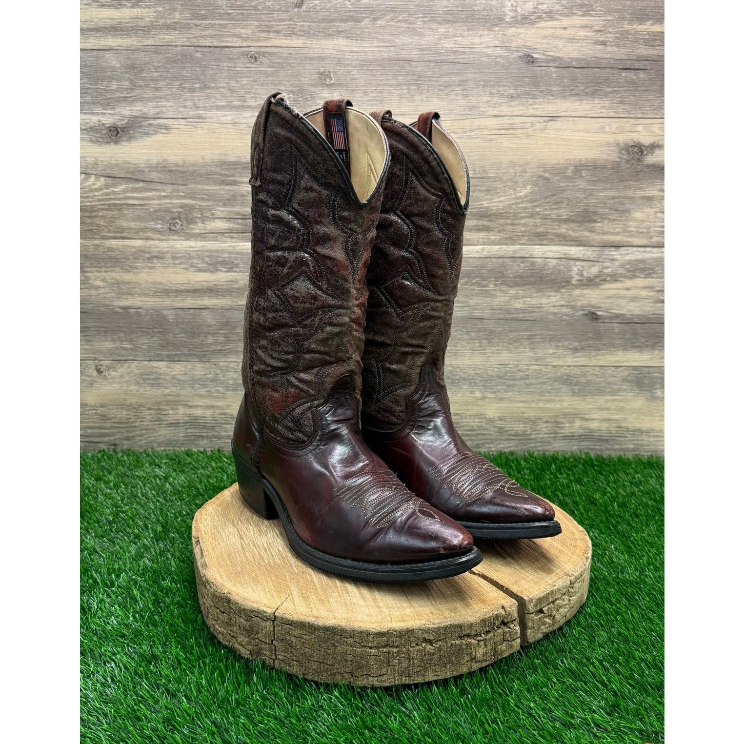 Acme Men – Size 8.5EW – Vintage Burgundy Faux Leather Cowboy Boots Style 4698