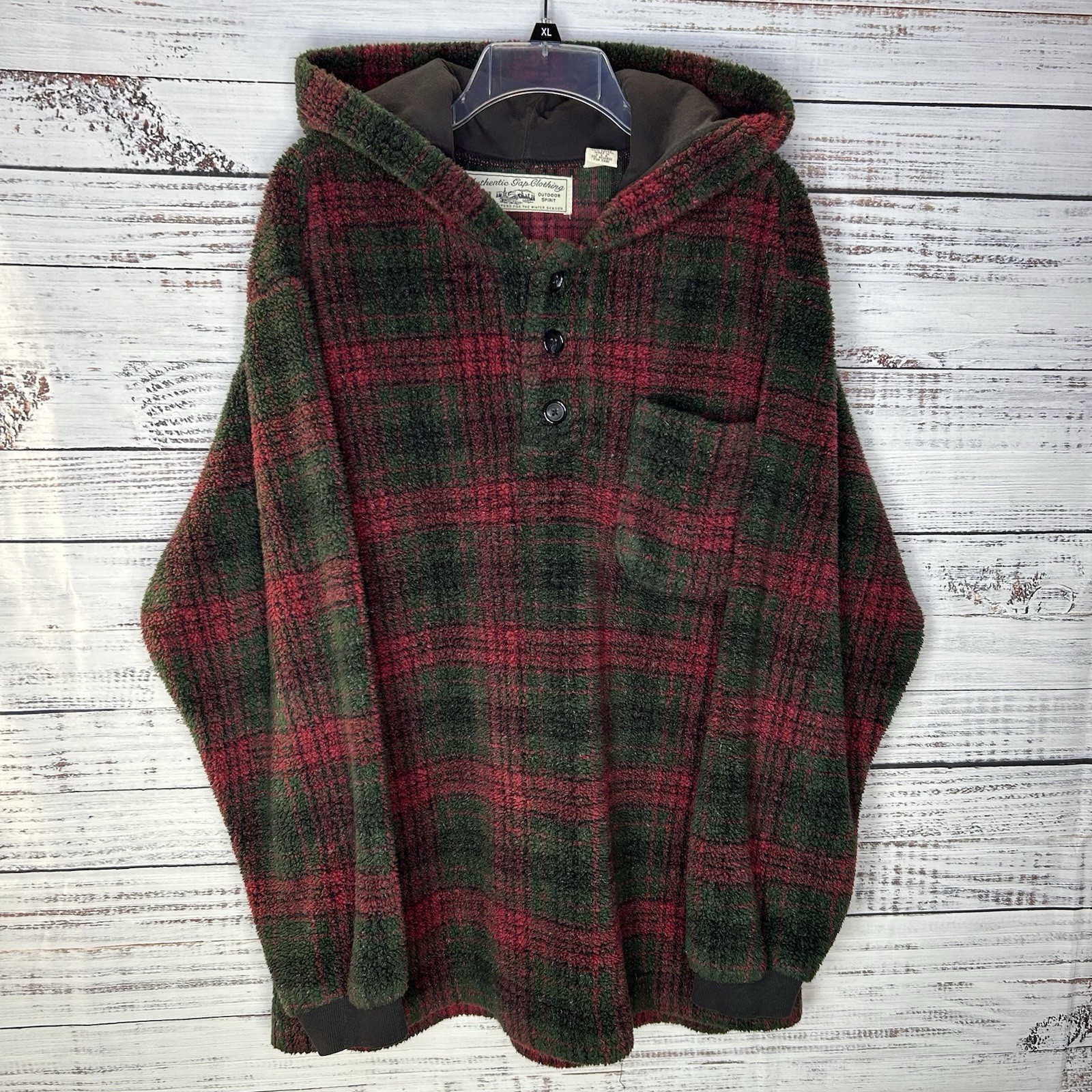 Vintage 90s GAP Deep Pile Fleece Henley Pullover Hoodie Plaid Punk Grunge Large