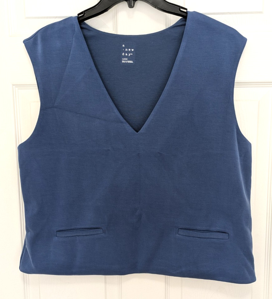 Women’s Sandwash Vest Blue Large V Neck Lined Business Casual Preppy Academia