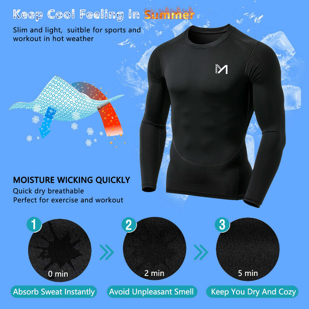 Mens Compression Shirt Thermal Base-Layer Sports Top Long-Sleeve Gym Cool Dry