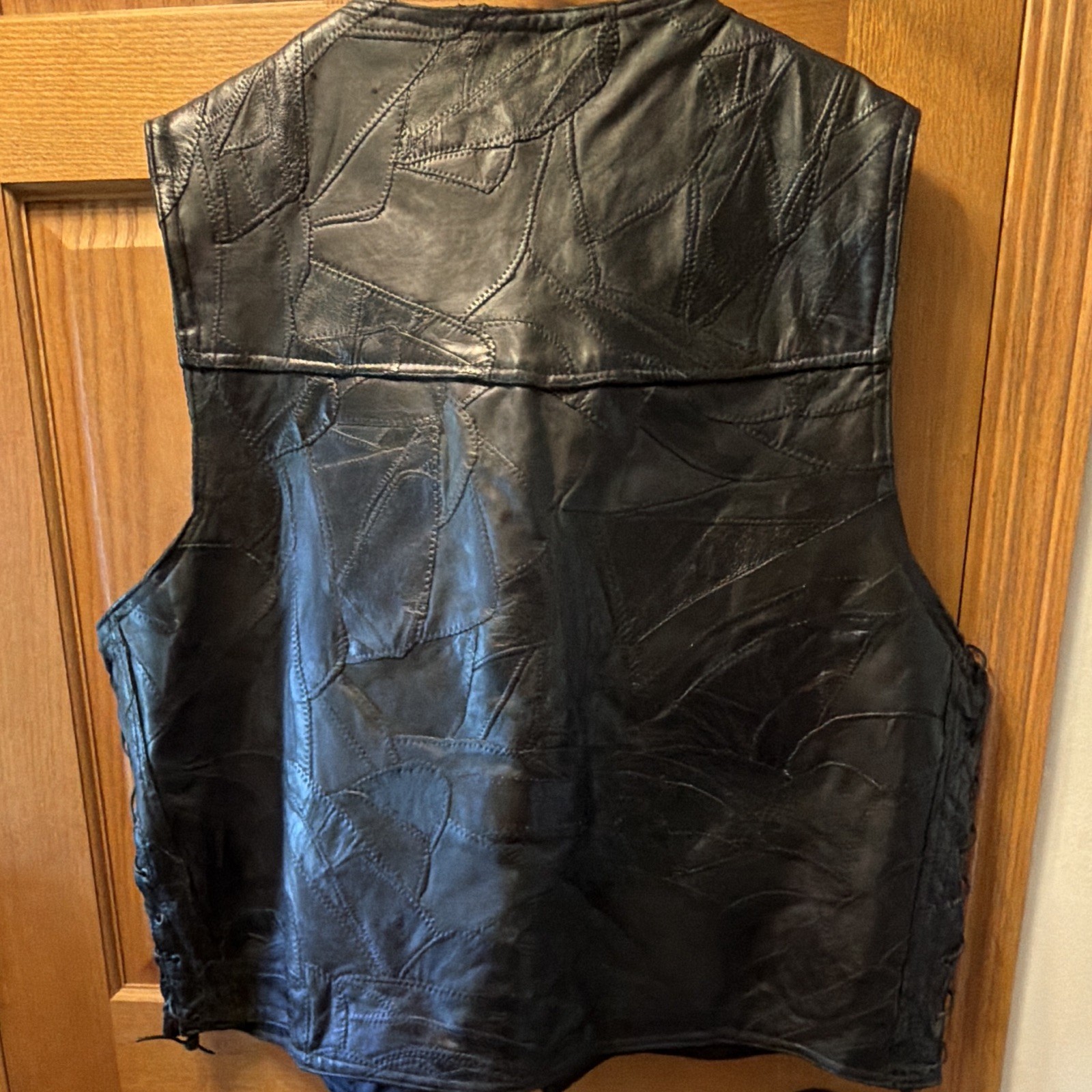 Black Leather Biker Snap Vest Men 3x Lace Up Sides Diamond Plate Buffalo Leather