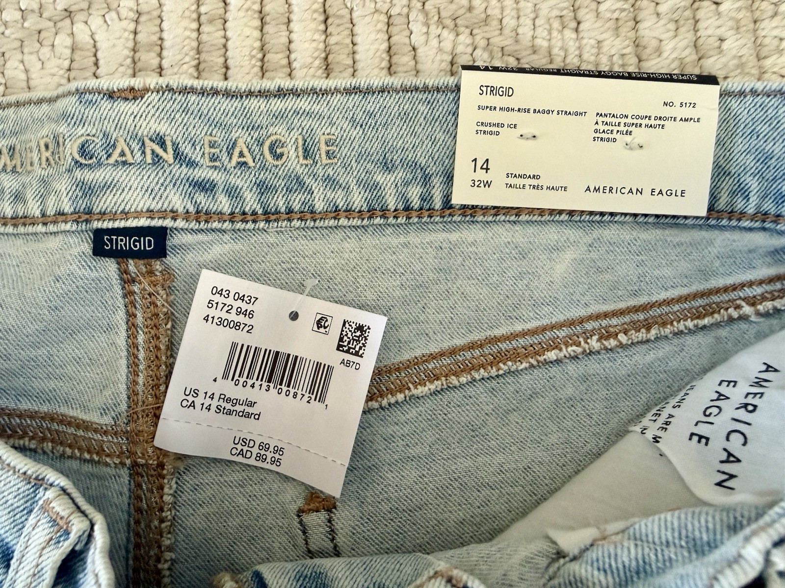 American Eagle Jean Women 14 32W Regular Strigid High Rise Baggy Distressed NWT