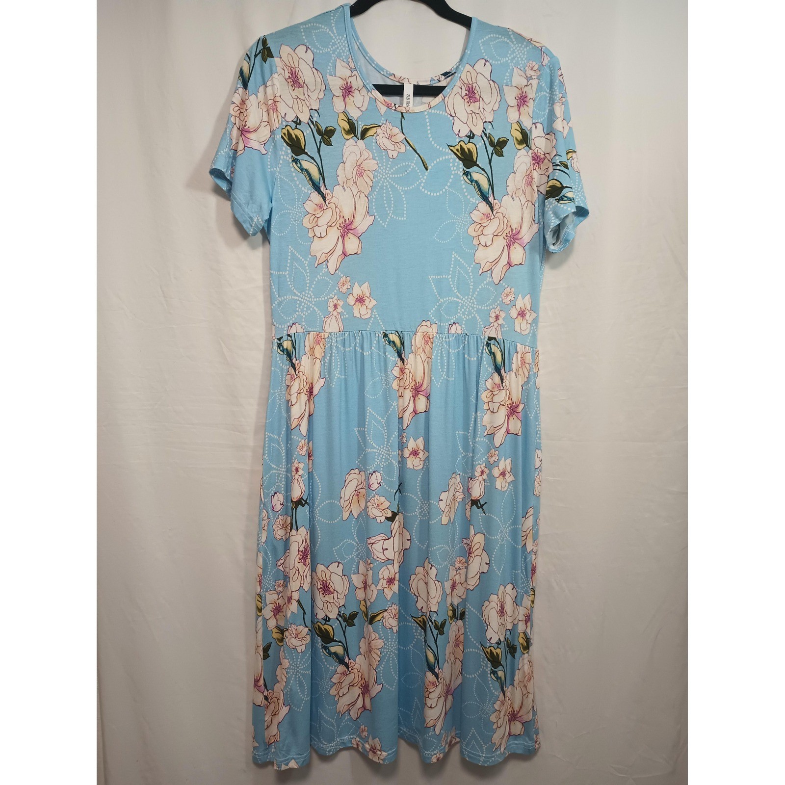 DB Moon Womens Blue Floral Empire Waist Short Sleeve Midi Dress Large NWT