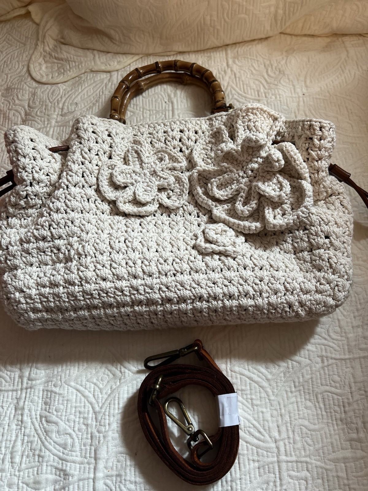 Patricia Nash Beige Floral Applique Satchel Bamboo Handle Crossbody Strap Medium