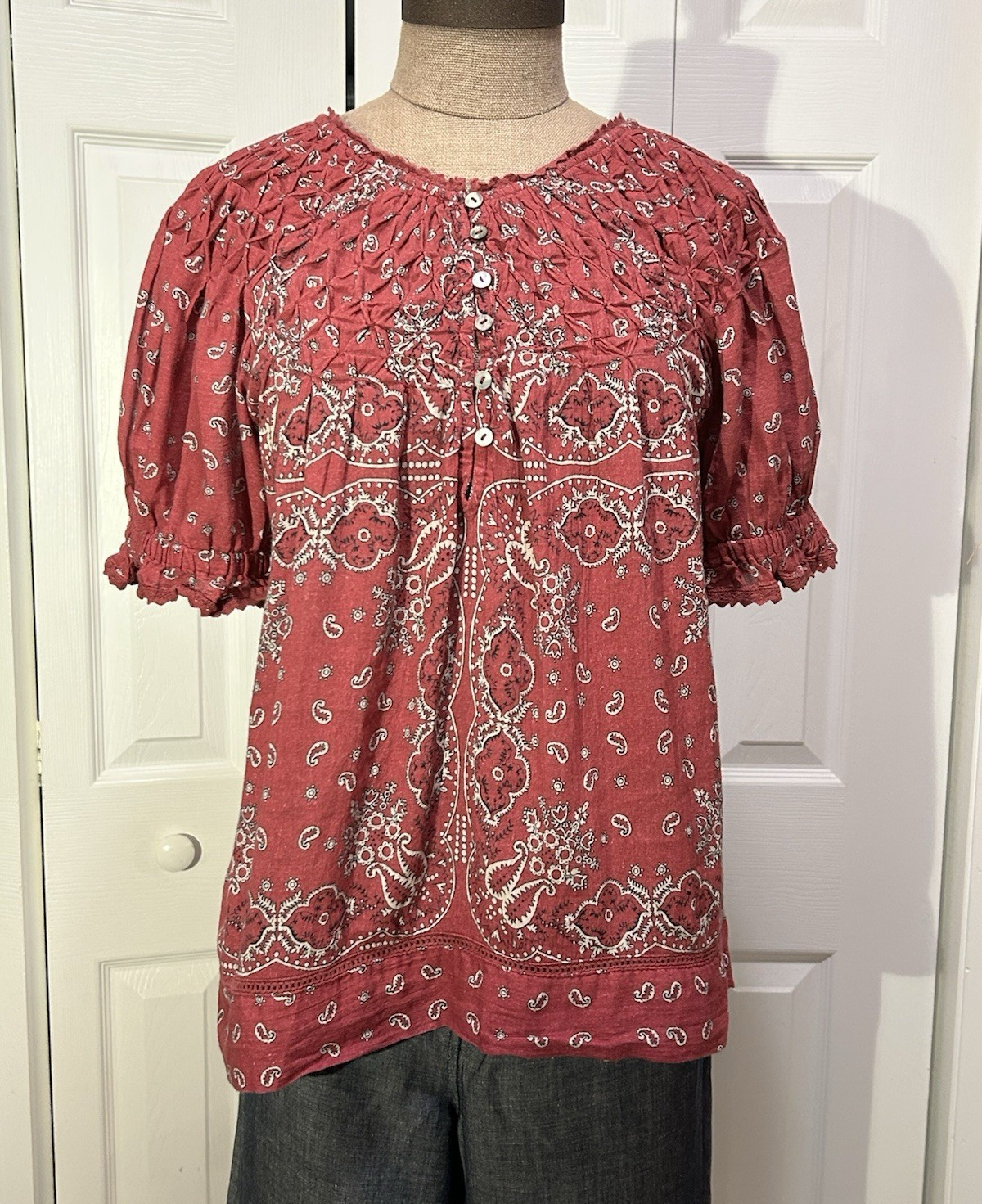 Sundance Women’s Red Paisley Button Front Ruffle Cotton Peasant Blouse, M