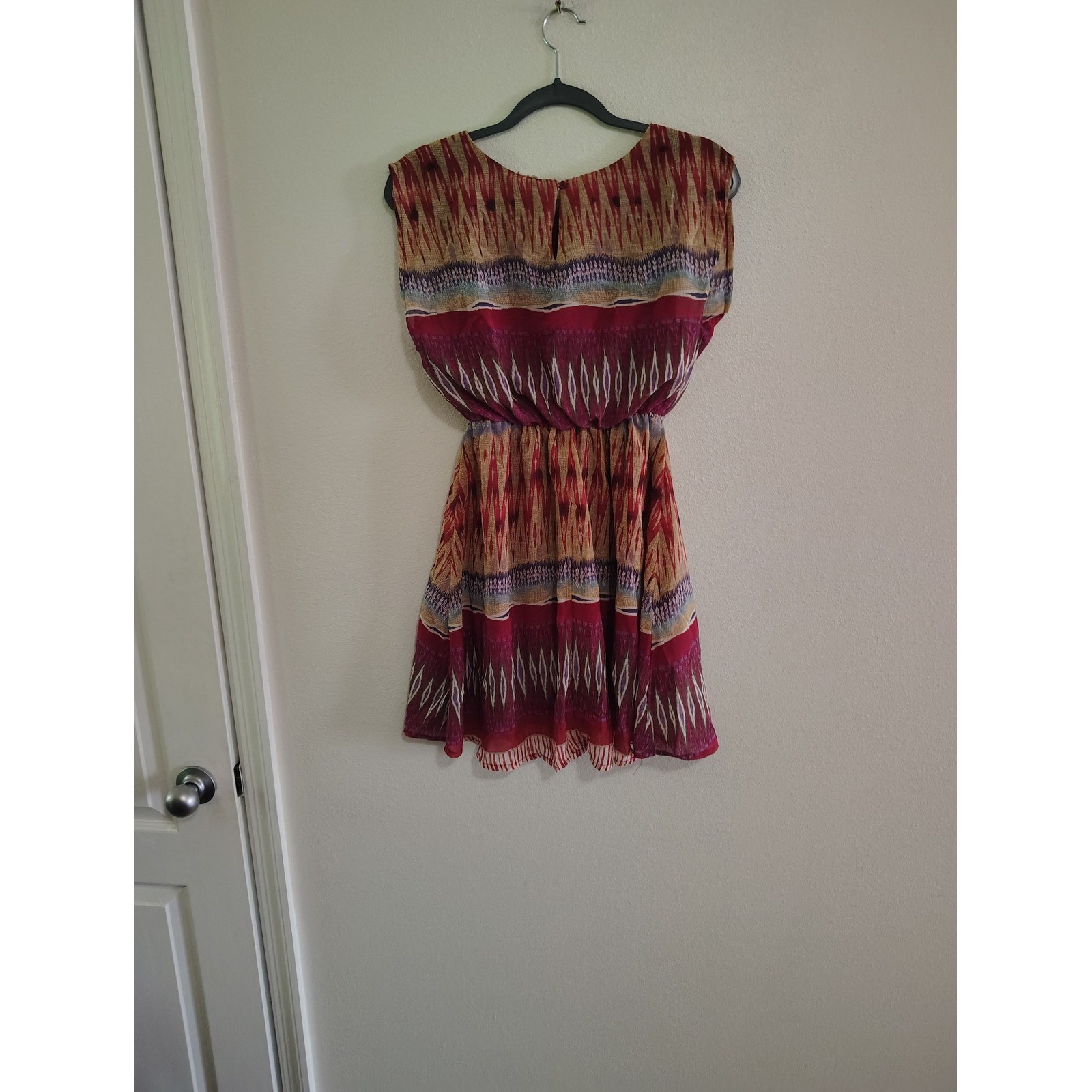 Japna Womens XS Ikat Geometric Print Sleeveless Chiffon Mini Dress Burgundy Tan