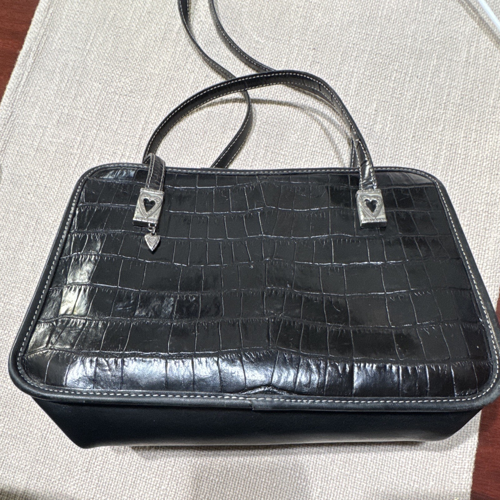 Brighton Black Croc Embossed Satchel Zip Double Handles Silver Heart Charm
