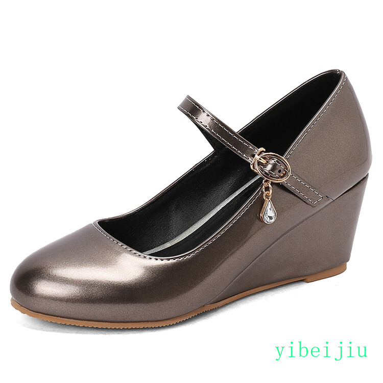 Women’s Mid Wedge Heels Mary Jane Shiny Leather Dress Wedding Shoes Rhinestone