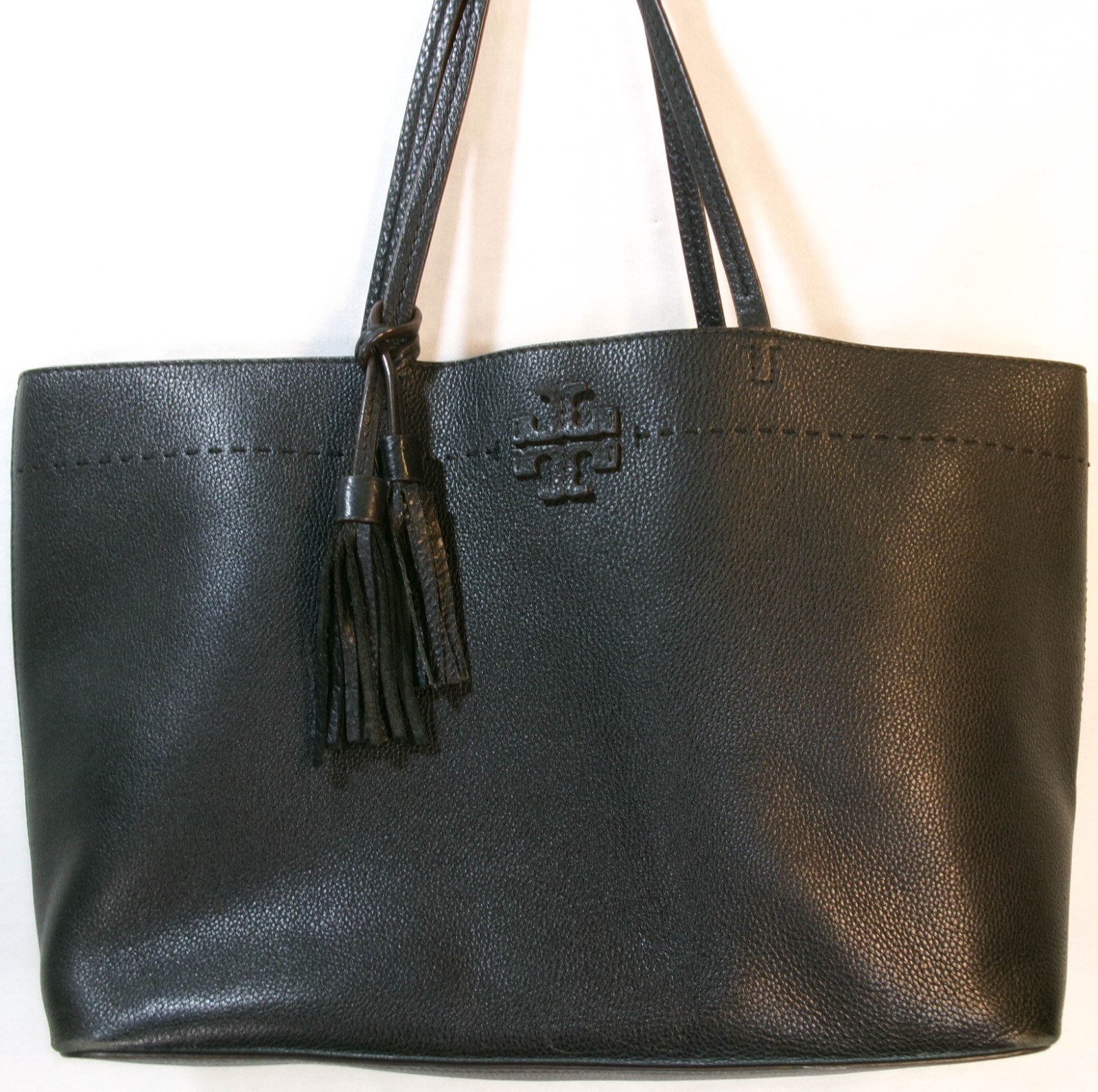 Tory Burch McGraw Pebbled Leather Large Tote with Logo and Tassel In Black