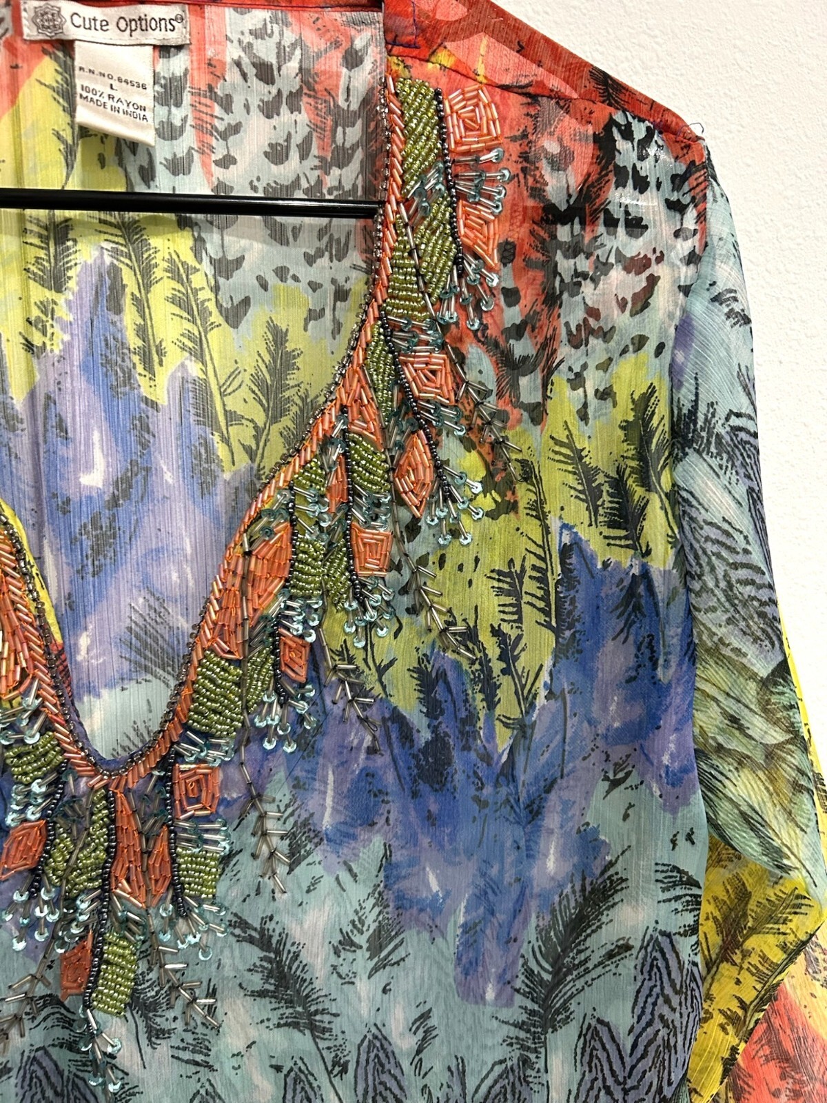 Cute Options Bohemian Multicolor Sheer Tunic Top Sz Large Embellished Beaded