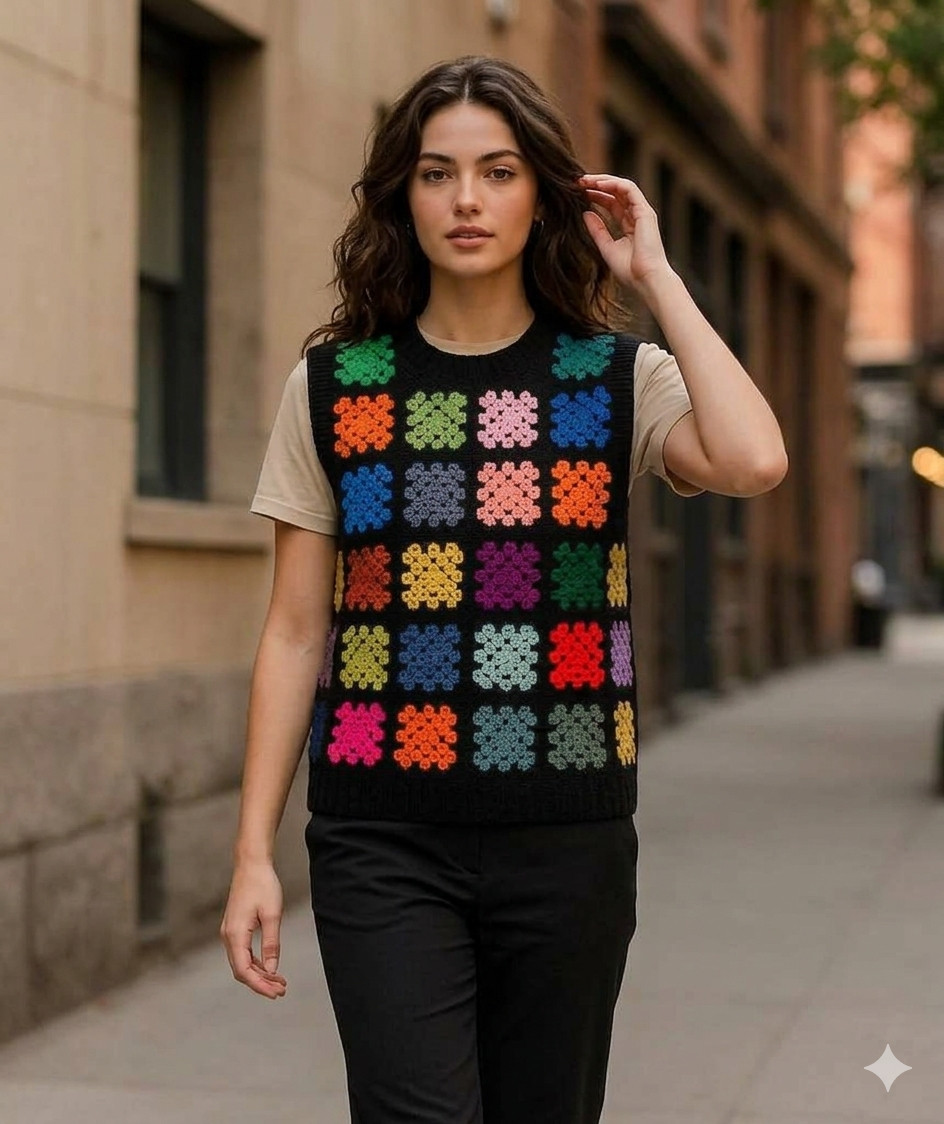 Handmade Colorful Granny Square Sweater Vibes Patchwork Crochet Vest