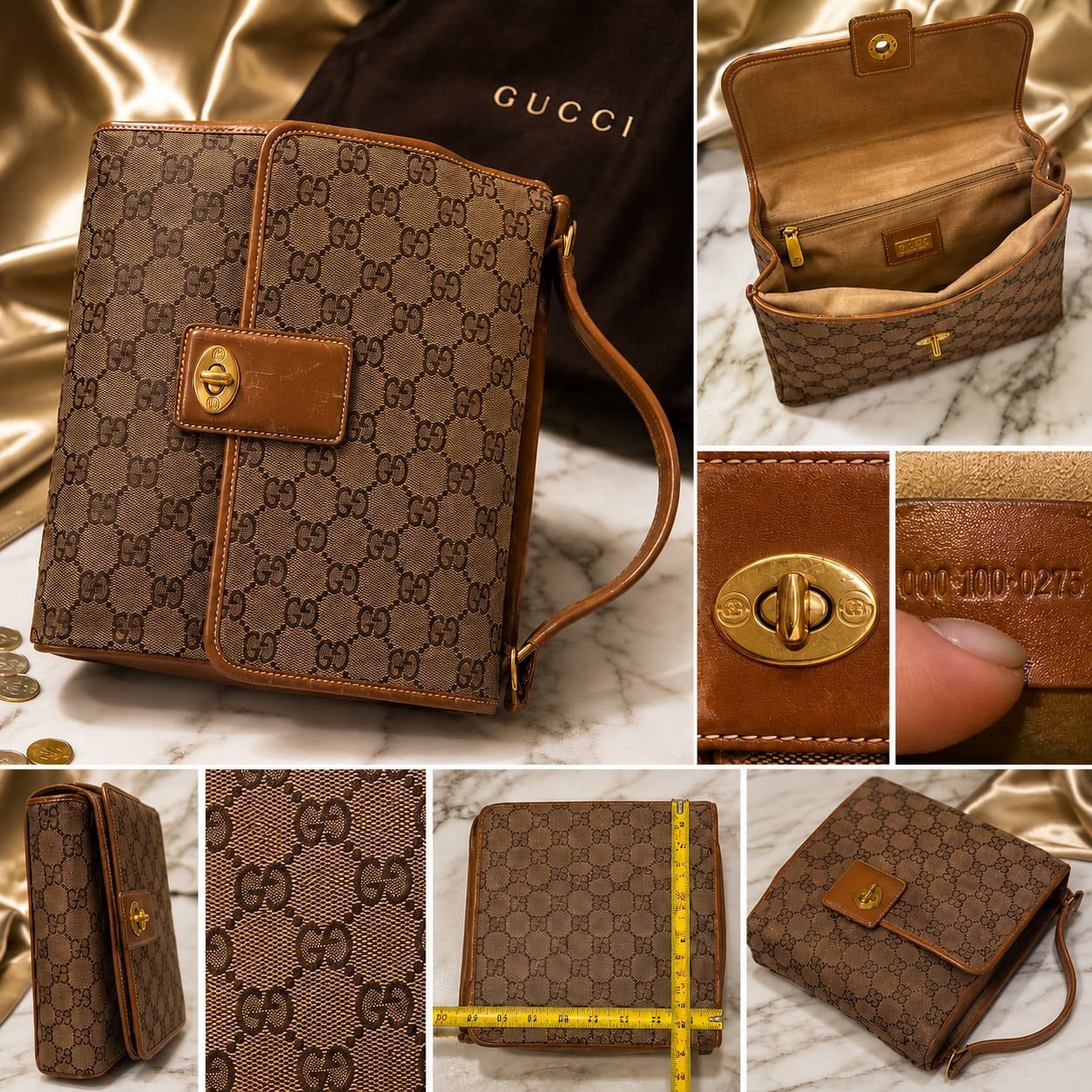 Vintage Gucci Monogram GG Supreme Canvas Shoulder Bag with Brown Leather Trim