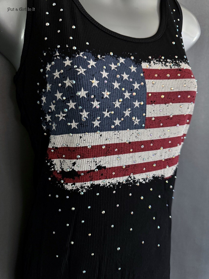 New Vocal Apparel Women’s Crystal Black American Flag Tank Top Shirt S M L XL