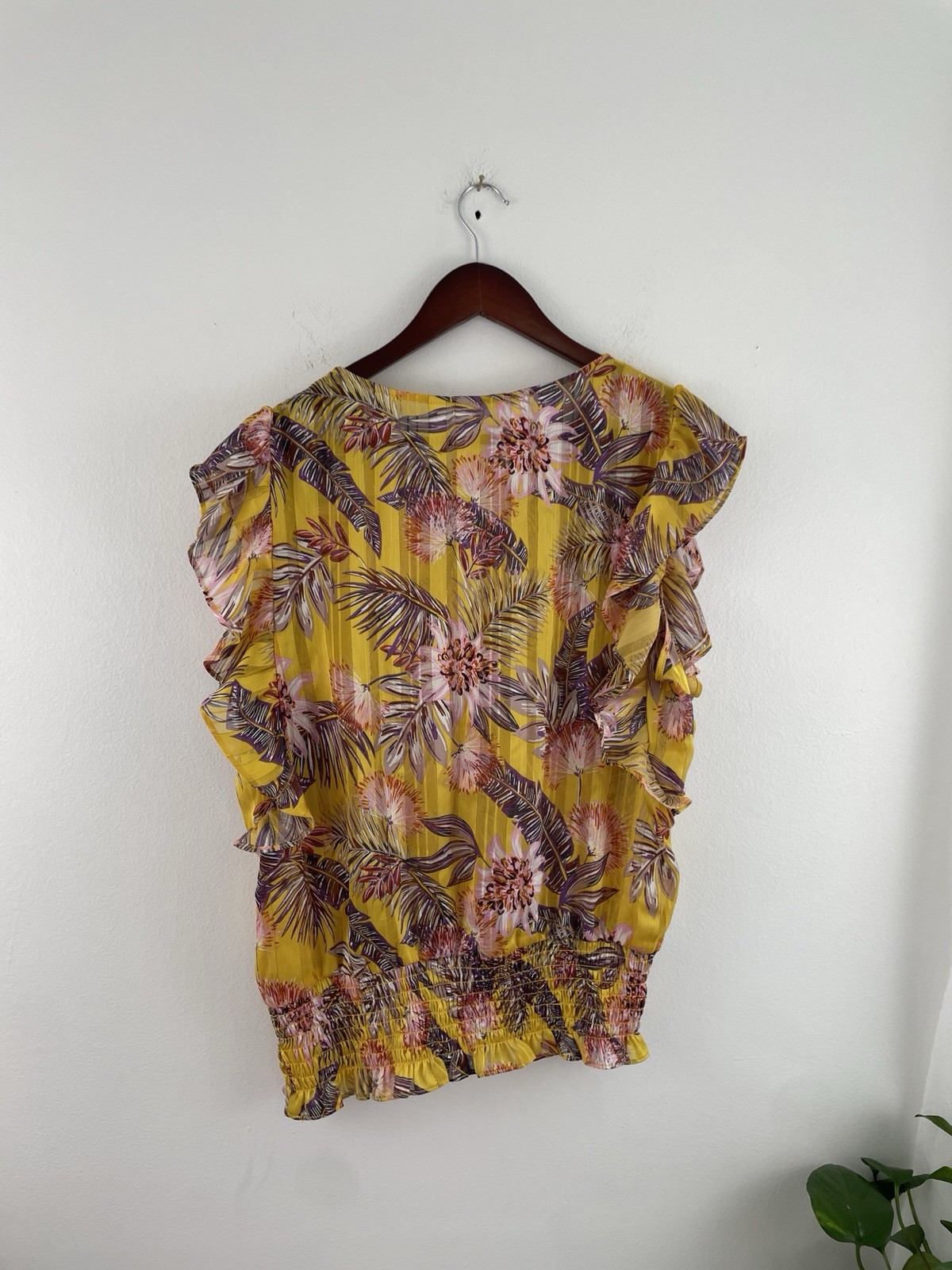 Pleione L Yellow Floral Ruffle Cap Sleeve Blouse Top Women’s Large
