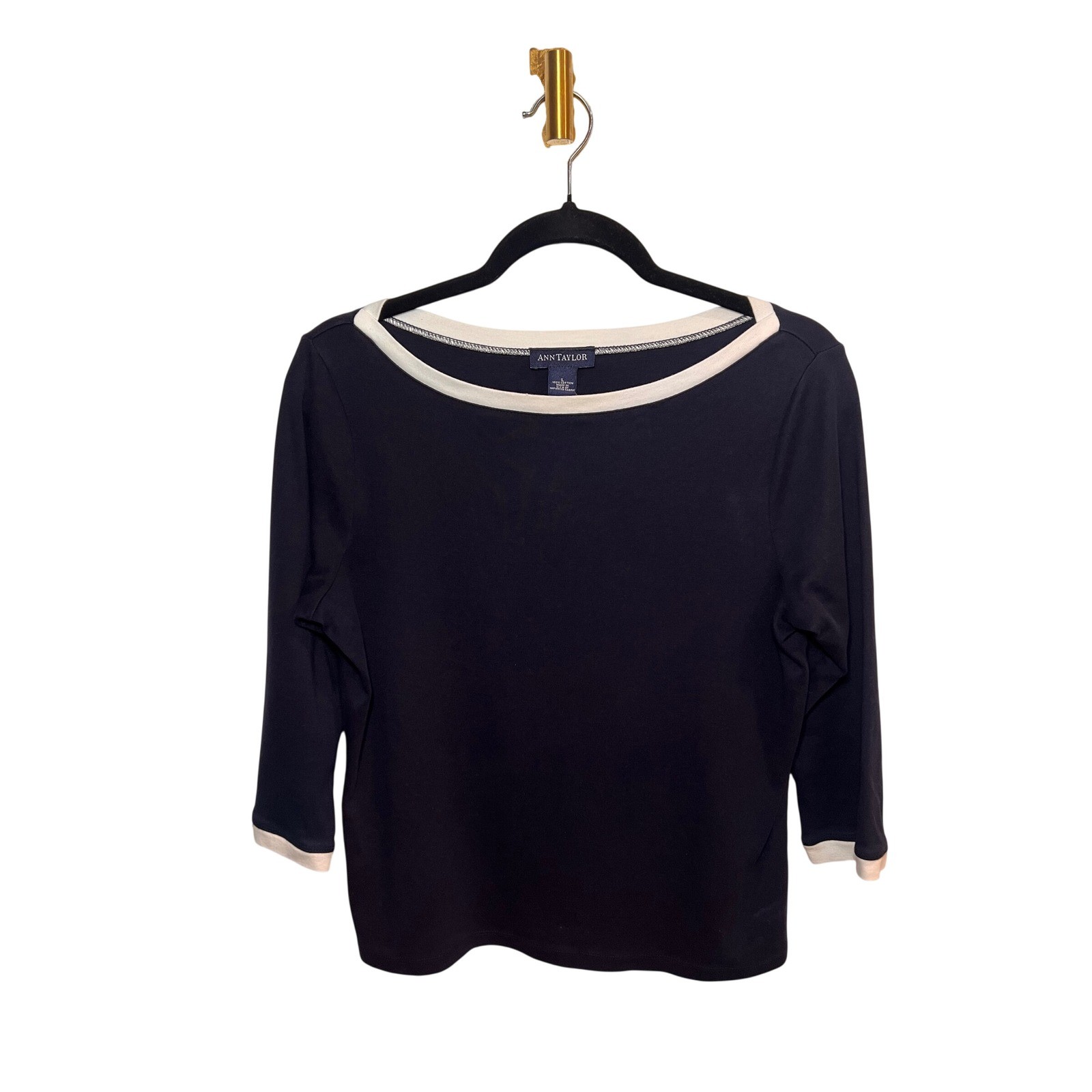 Vintage Ann Taylor Nautical Navy Blue 3/4 Sleeve Boat Neck Contrast Trim- Large
