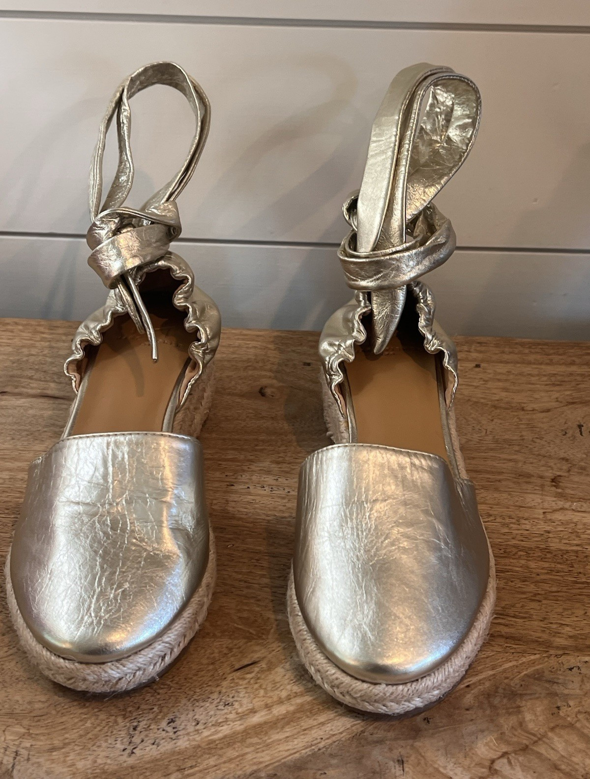 Marc Fisher LTD Silver Leather Espadrille Wedge Ankle Wrap Tie Heels US 6