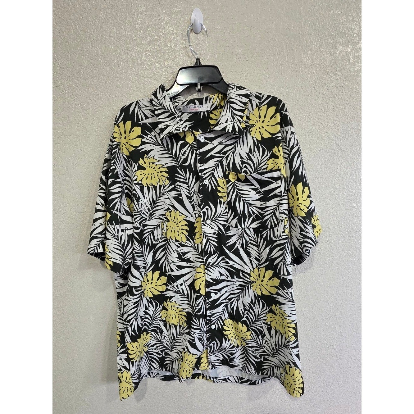 U.S. Polo Assn. Black Button-Up Shirt with Yellow & White Tropical Print