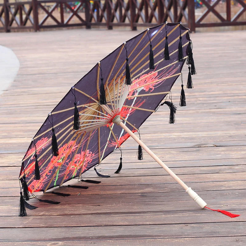 Cloth Parasol Umbrella 82cm Long Handle Silk Tassel Hanfu Cosplay Photo Prop