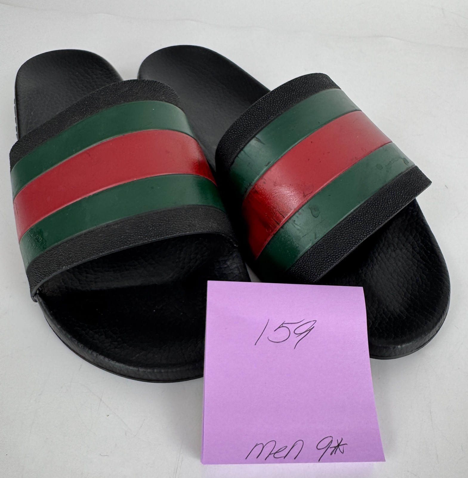 $510 Gucci Auth Men Black Web Rubber Pool Slides 9.5 US 9 UK 43 EU Sandals Shoes