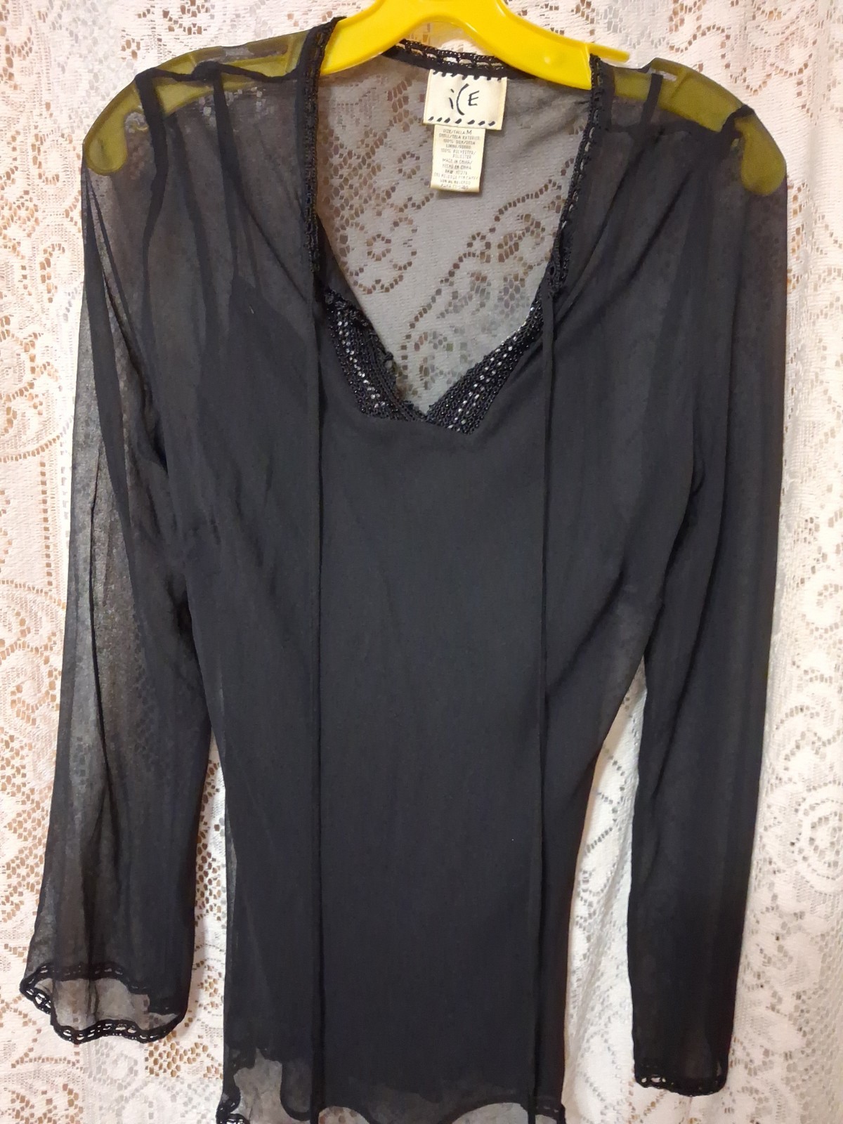 Black Silk Long Sleeve Sheer Blouse With Inner Black Camisole. Nwot Size…