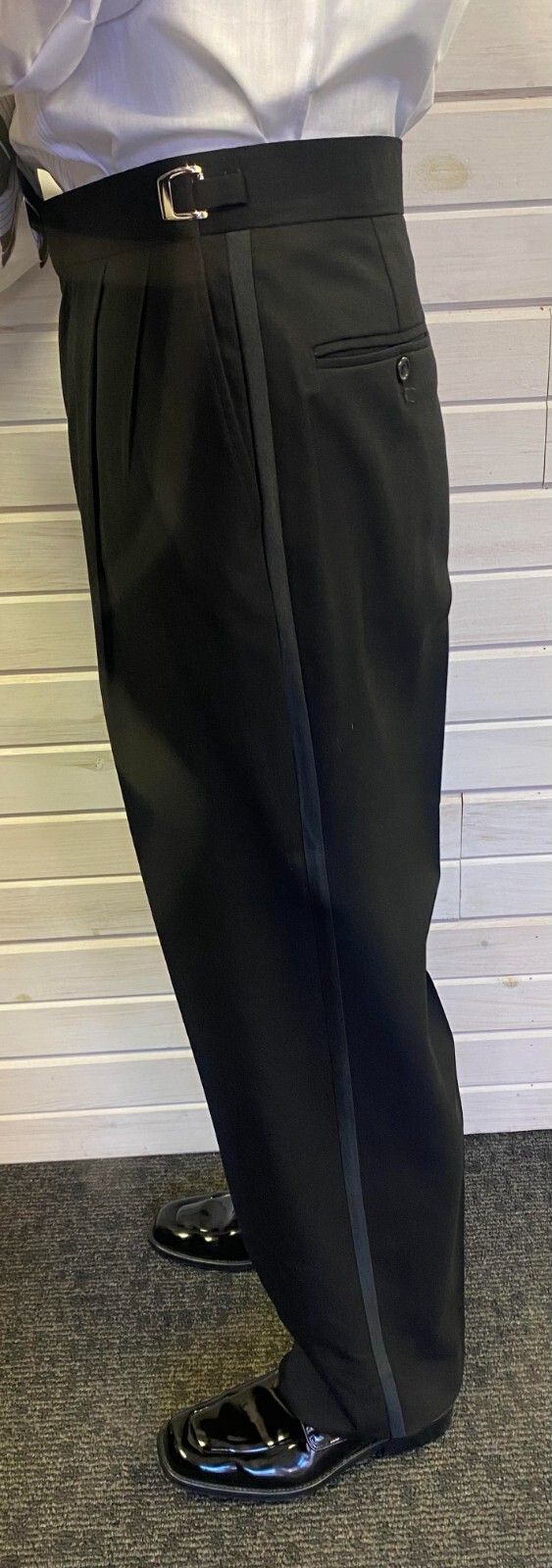 Black Pleated Satin Stripe Tuxedo Pant – 100% Wool!