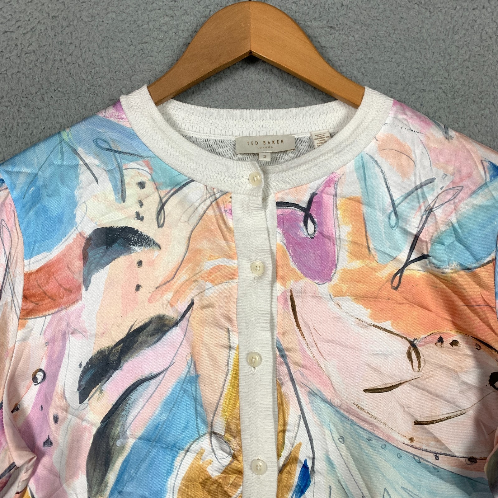Ted Baker Ryvir Cardigan Women’s 3 Ivory Multi Woven Detail Printed Button Front