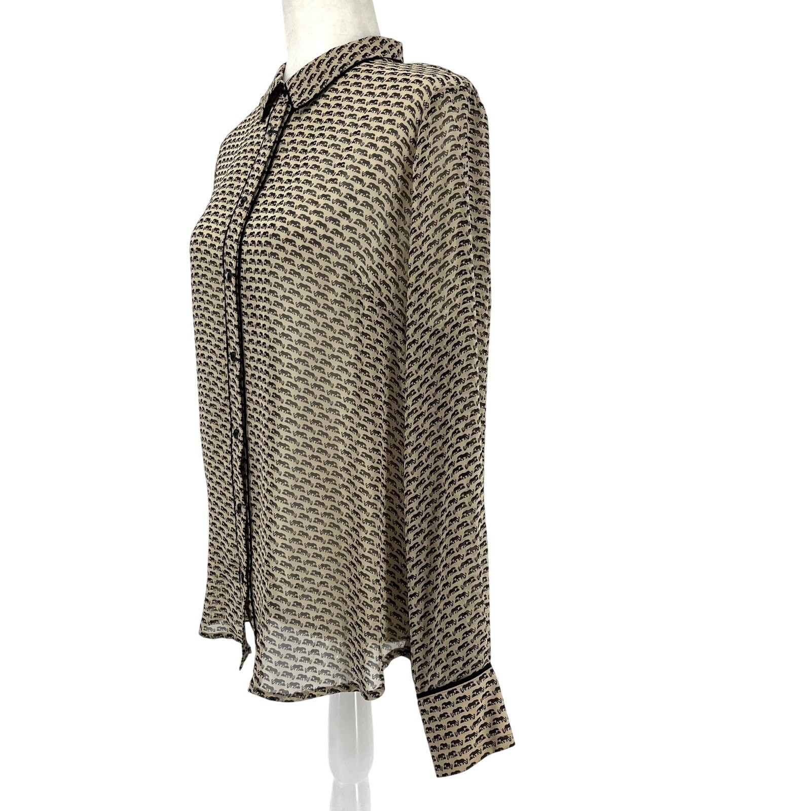 Pleione Beige Elephant Print Collared Button Front Sheer Chiffon Blouse Size L
