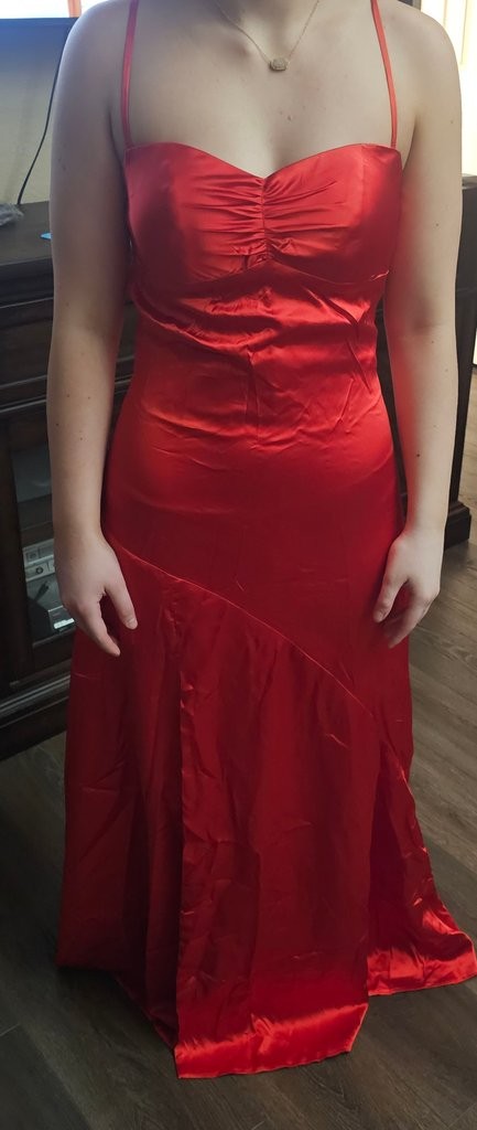 Red Satin Spaghetti Strap Ruched Gown w/ Open Back & Tie Detail