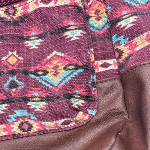 Southwestern Canvas Backpack Burgundy Brown Boho Multiple Pockets Medium