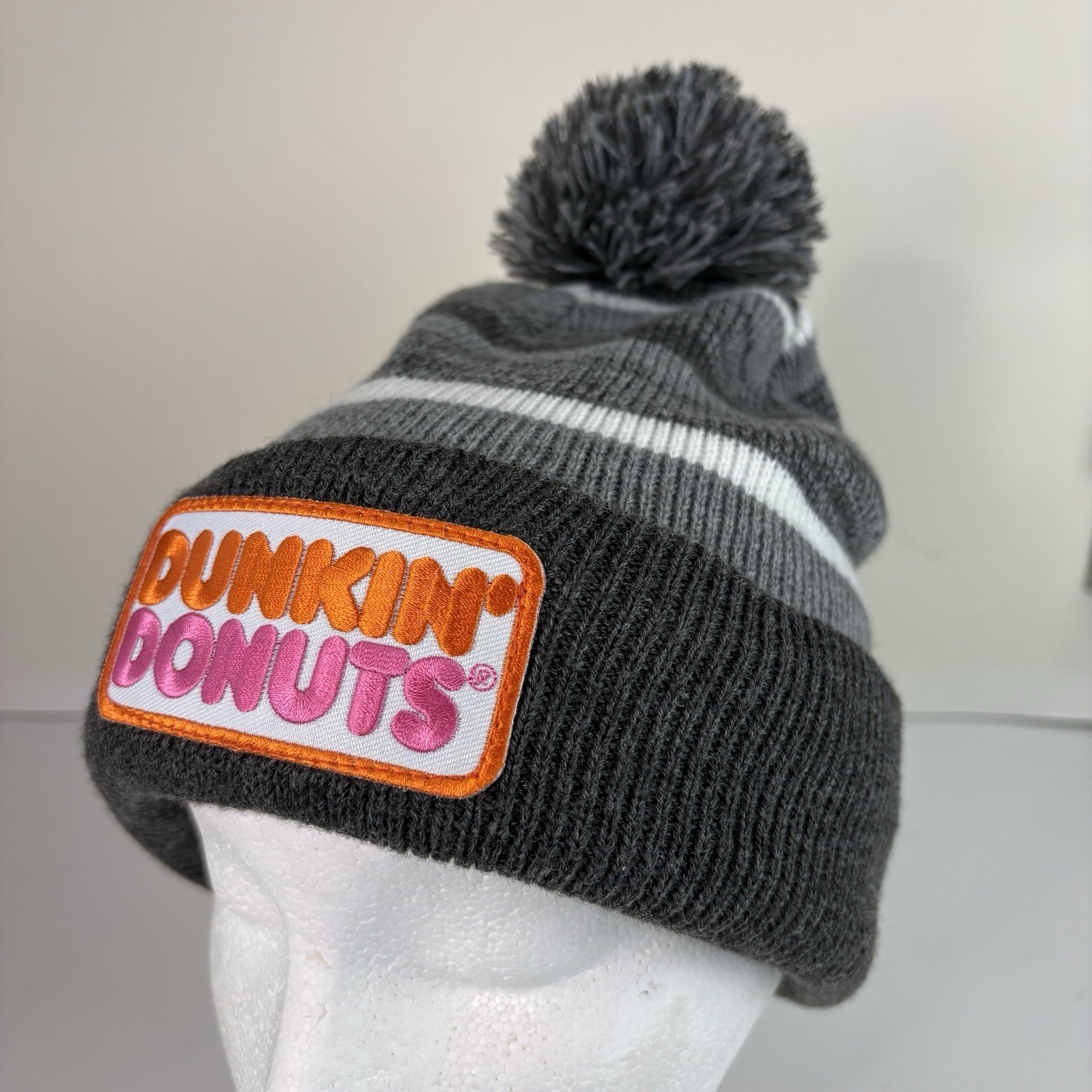 Dunkin’ Donuts Logo Beanie Pom-Pom Winter Hat Cap Gray One Size 100% Acrylic