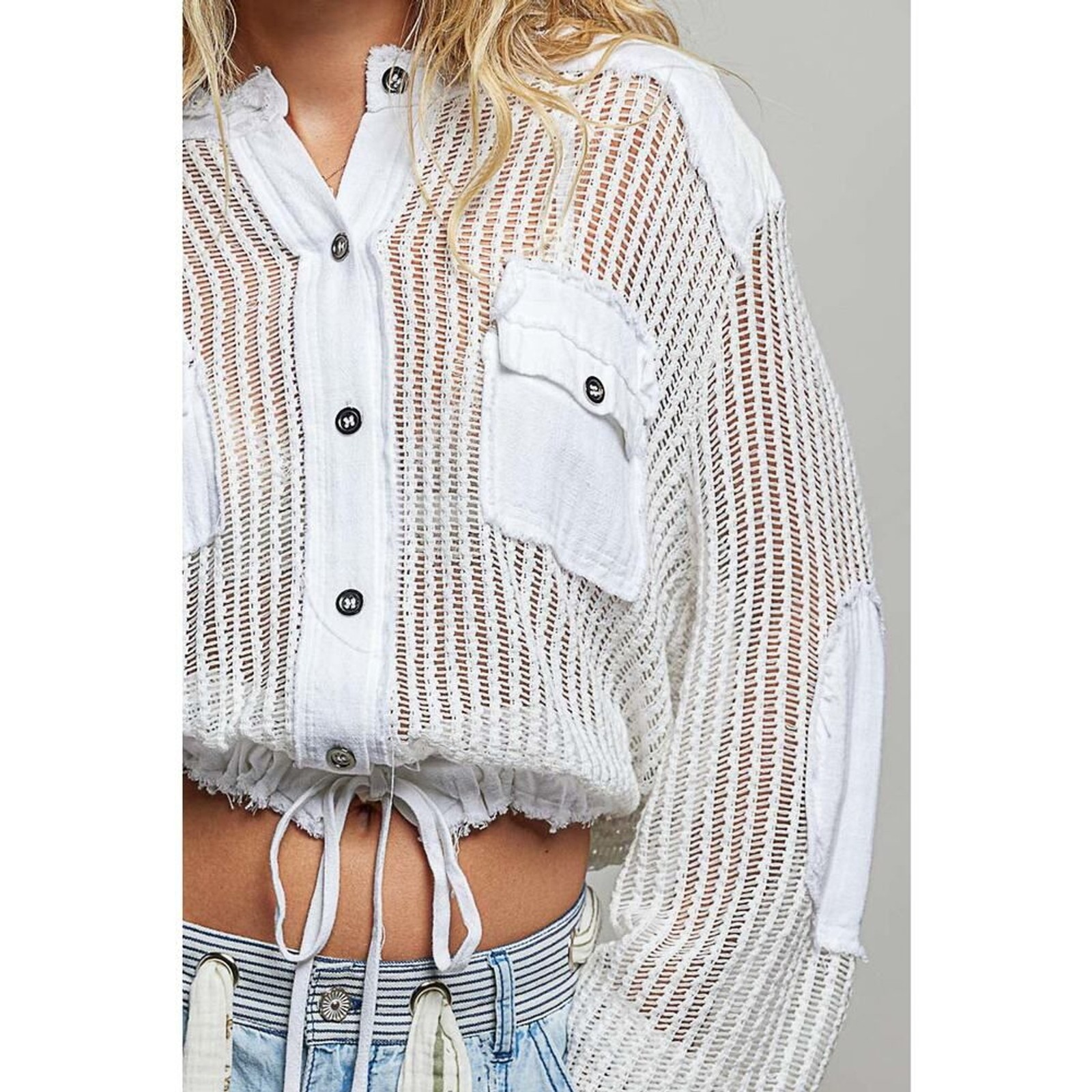 POL Open Knit Button Down Pocket Front Hooded Shirt Top