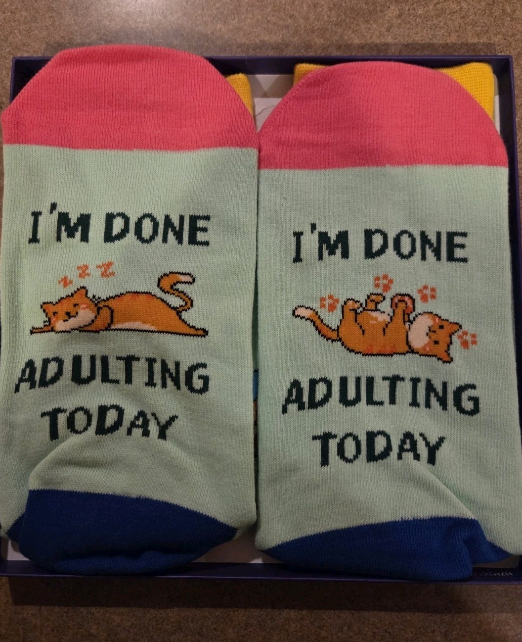 Unisex Funny “Adulting” Cat Socks, One Pair (boxed)