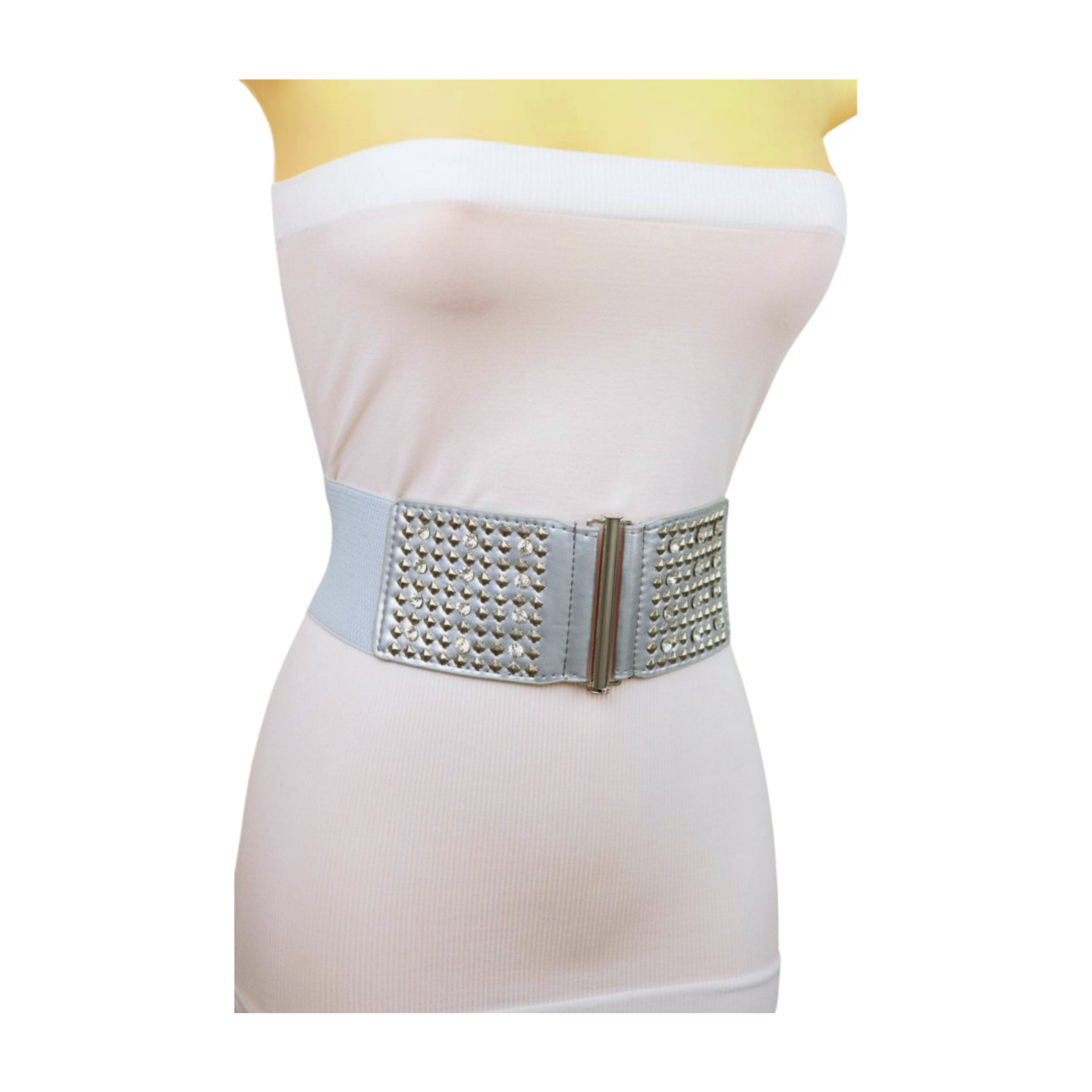 Women Silver Elastic Wide Waistband Fashion Teen Style Belt Metal Studs Fit S M