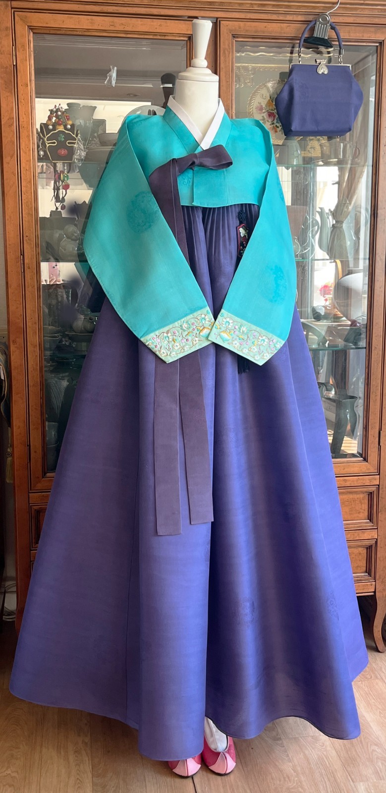 Premium Silk Traditional Korean Hanbok Dress–Mint & Purple / Petticoat /Hand bag