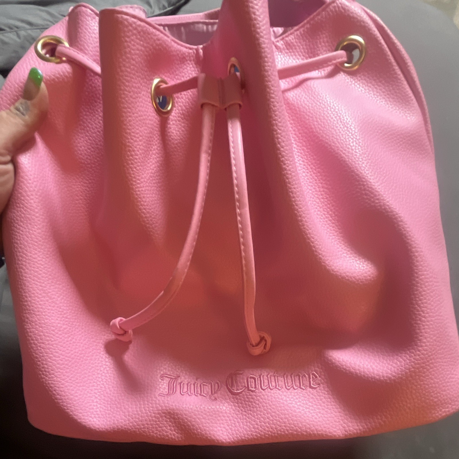 Juicy Couture Pink Medium Drawstring Bucket Bag w/ Zip Pouch, Charm, Gold zipper
