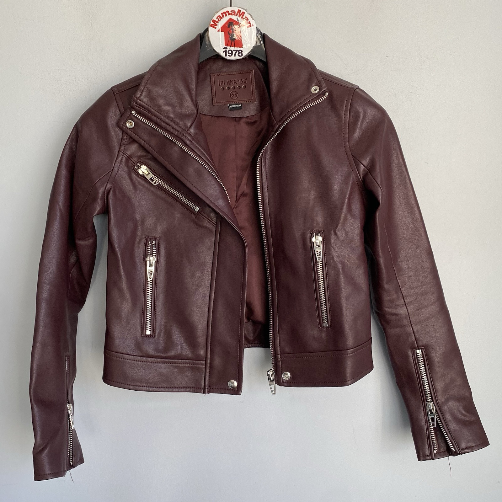 BLANKNYC Burgundy Faux Leather Moto Jacket Zip Up Size XS Zipper Pockets Lined