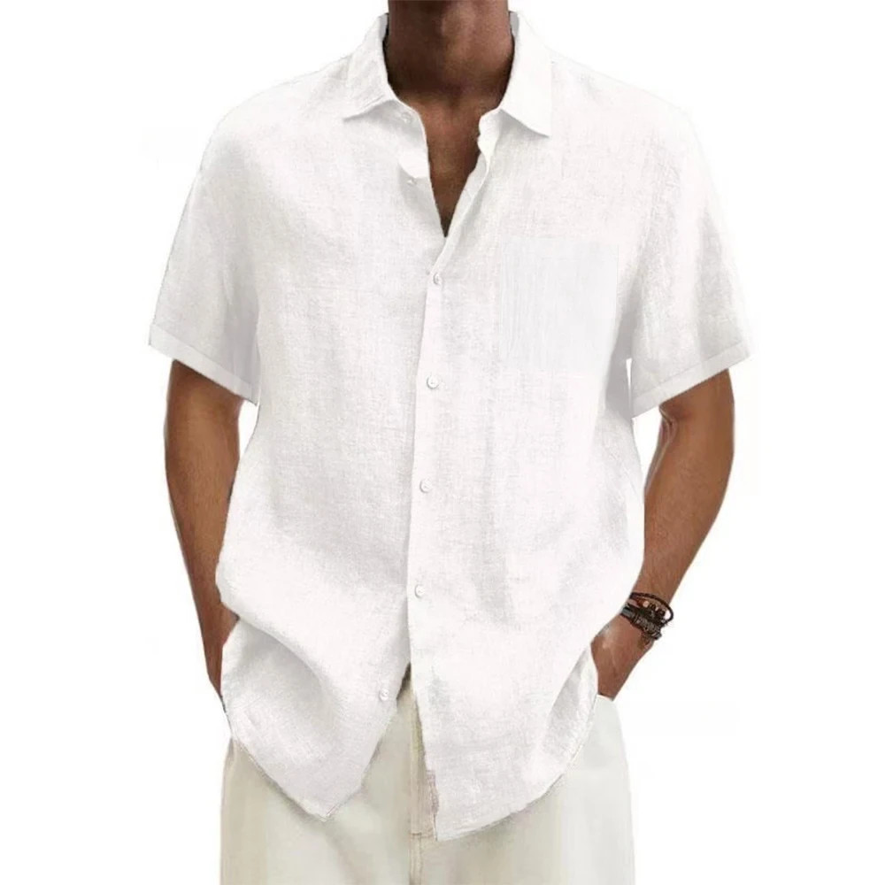 Men’s Cotton Linen Shirt Short Sleeve Casual Beach Summer Button Down Top