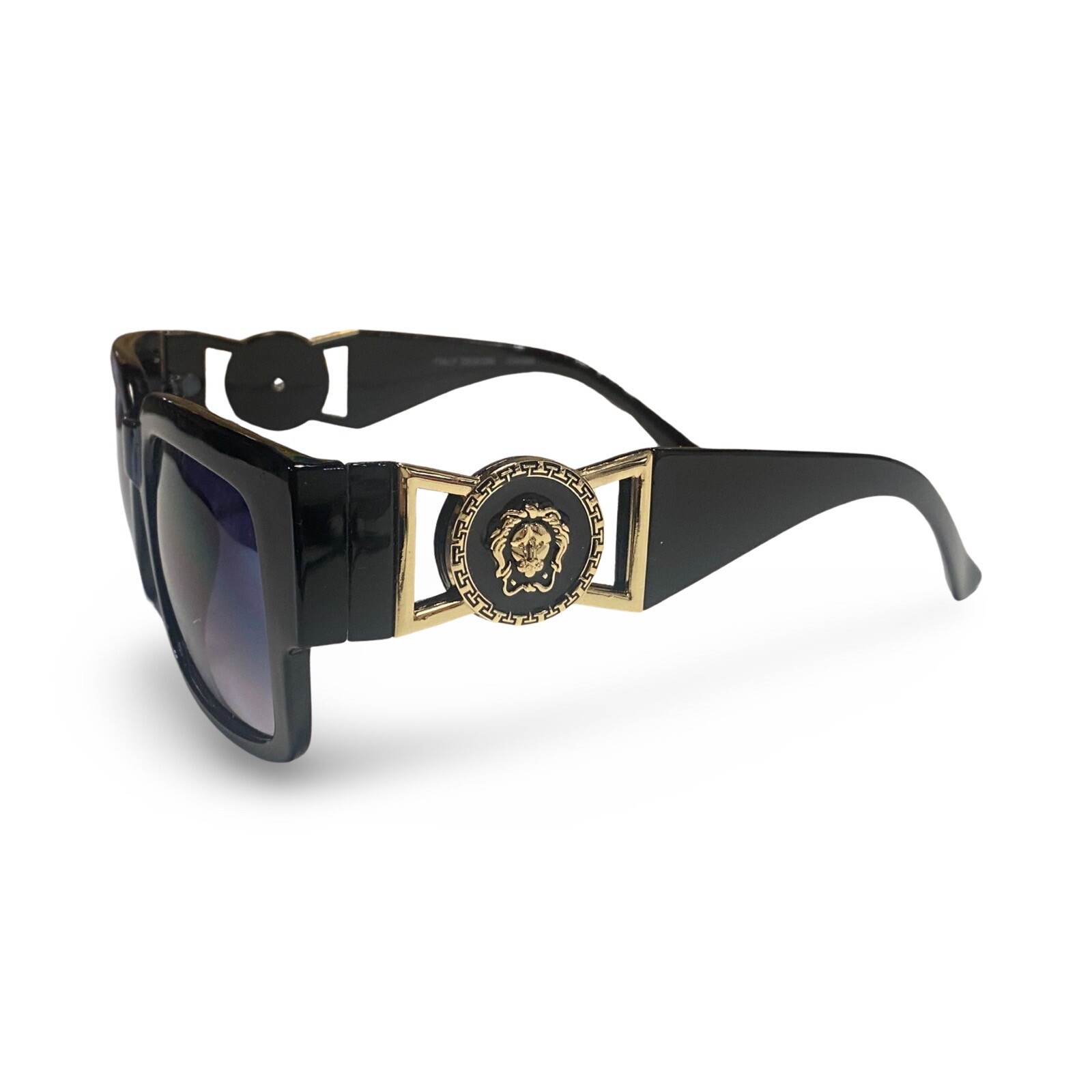 Sunglasses Flat Top Men Women Lion Head Gold Medallion Hip Hop Rapper Black Lens