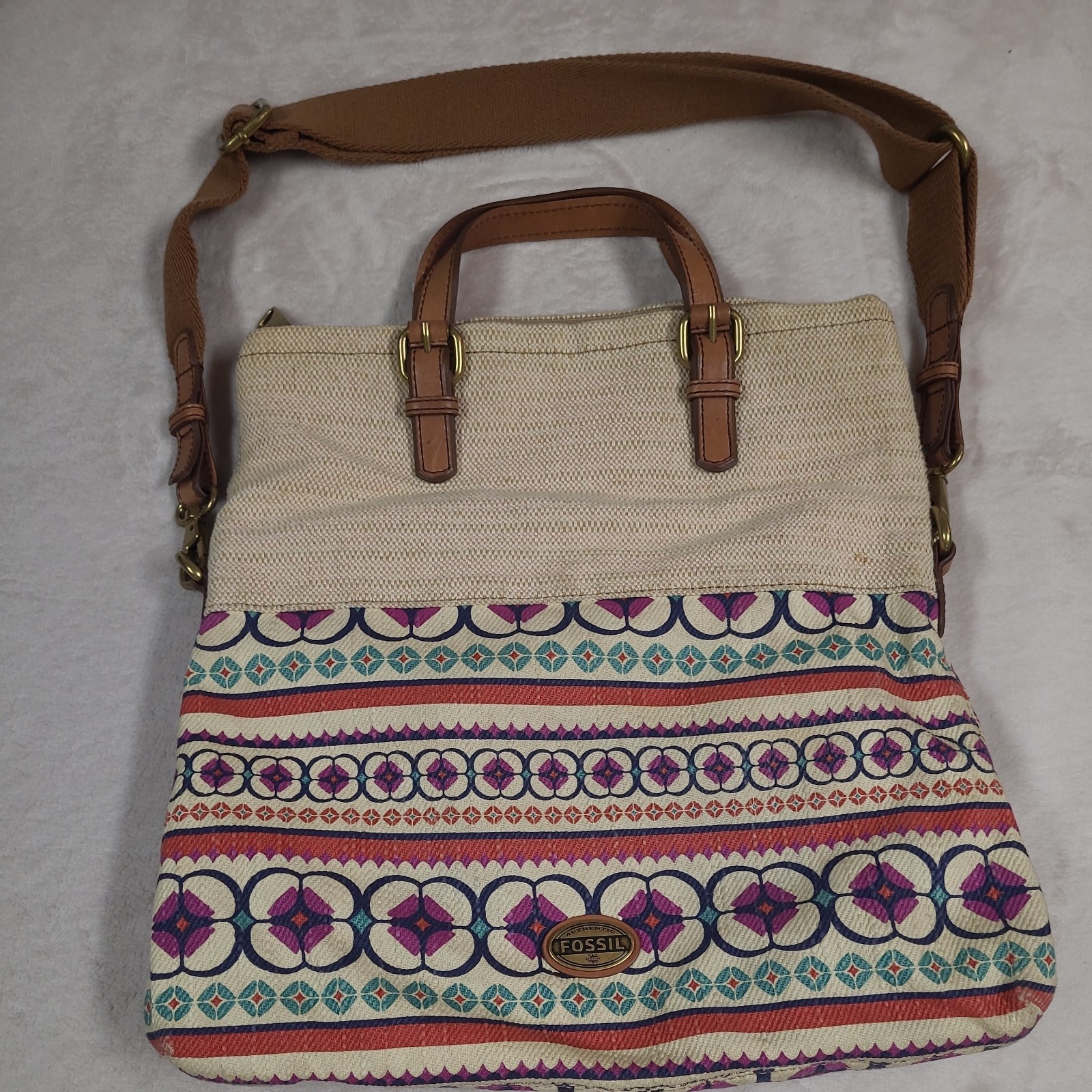Fossil Long Live Vintage Explorer Crossbody Bag Fold-Over 2-way Canvas & Leather