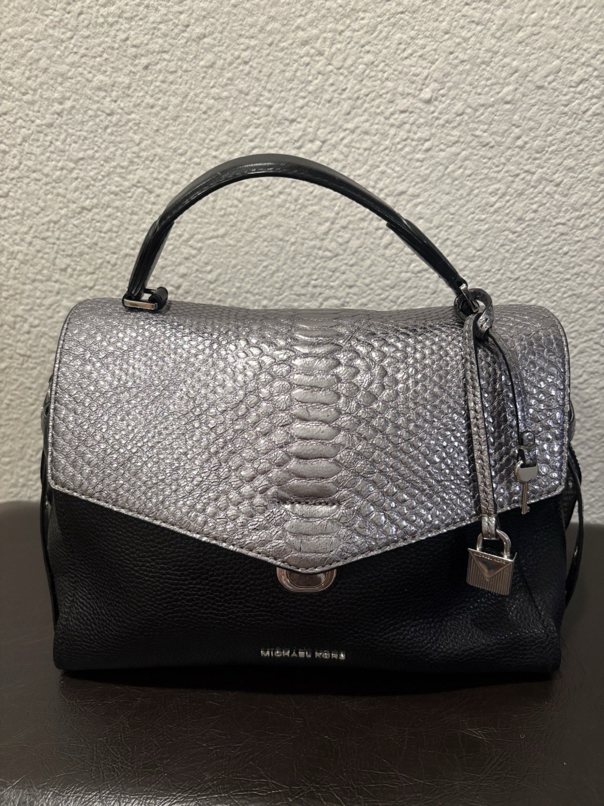 Michael Kors Black Satchel w Snake Print Flap, Silver Hardware & wallet