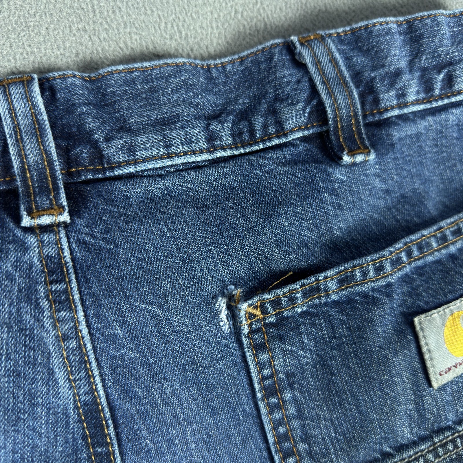 Carhartt Jeans 34×32 Blue Distressed Faded Stain Double Knee Dungaree Loose