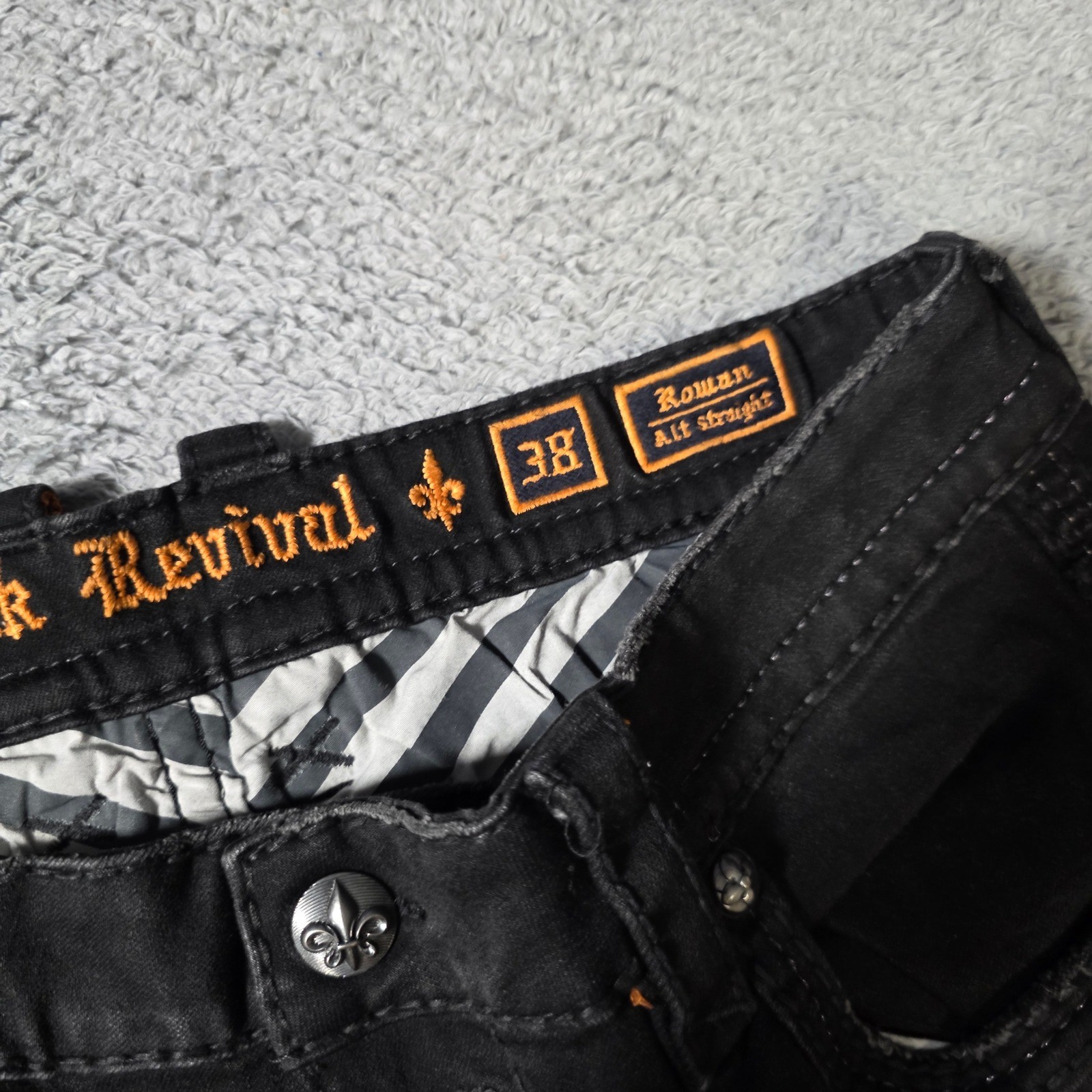 Rock Revival Mens 38 Roman Alt Straight Black Embellished Zipper Pockt Jeans Y2K