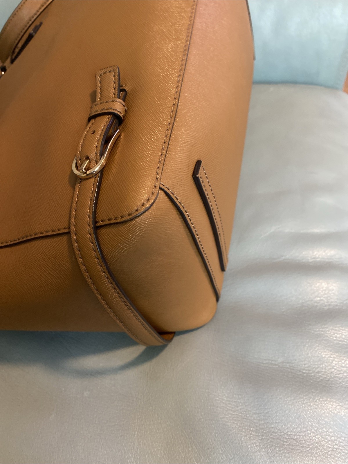 Tory Burch Robinson Tigers Eye Tan/Brown Saffiano Leather Handbag Satchel Nice